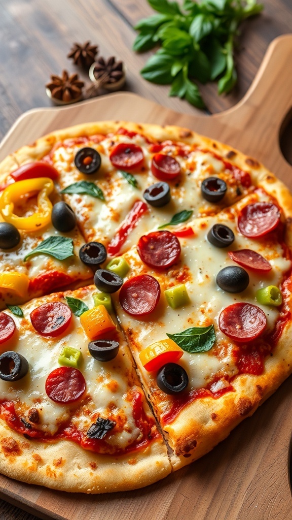 A delicious West Coast crust pizza with colorful toppings on a wooden board.